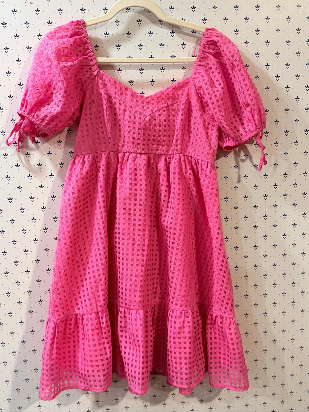 Entro Hot Pink Textured Checkered Puff Sleeve Babydoll Mini Dress - Size S